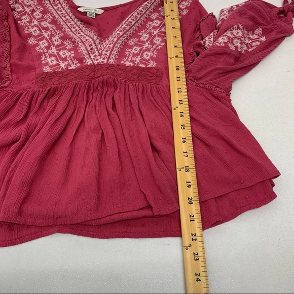 American Eagle Babydoll Top Small Pink Embroidered Crop Flowy Boho Fairy Gauzy - Picture 10 of 10